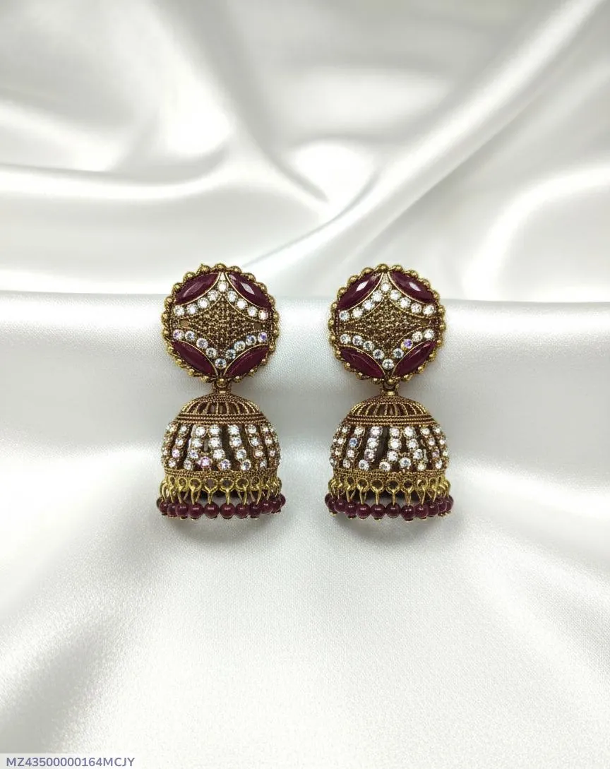 Stunning 2 Pcs Green & Maroon Alloy Jhumka Earrings - Image 5