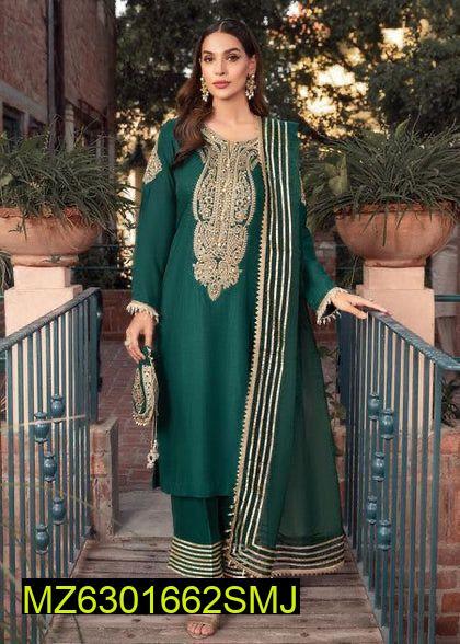 3 Pcs Women's Unstitched Fancy Katan Silk Embroidered Suit