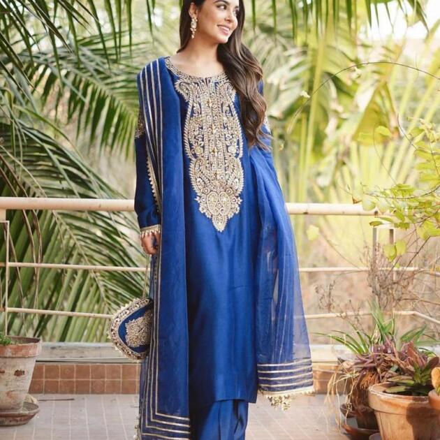 3 Pcs Women's Unstitched Fancy Katan Silk Embroidered  suit