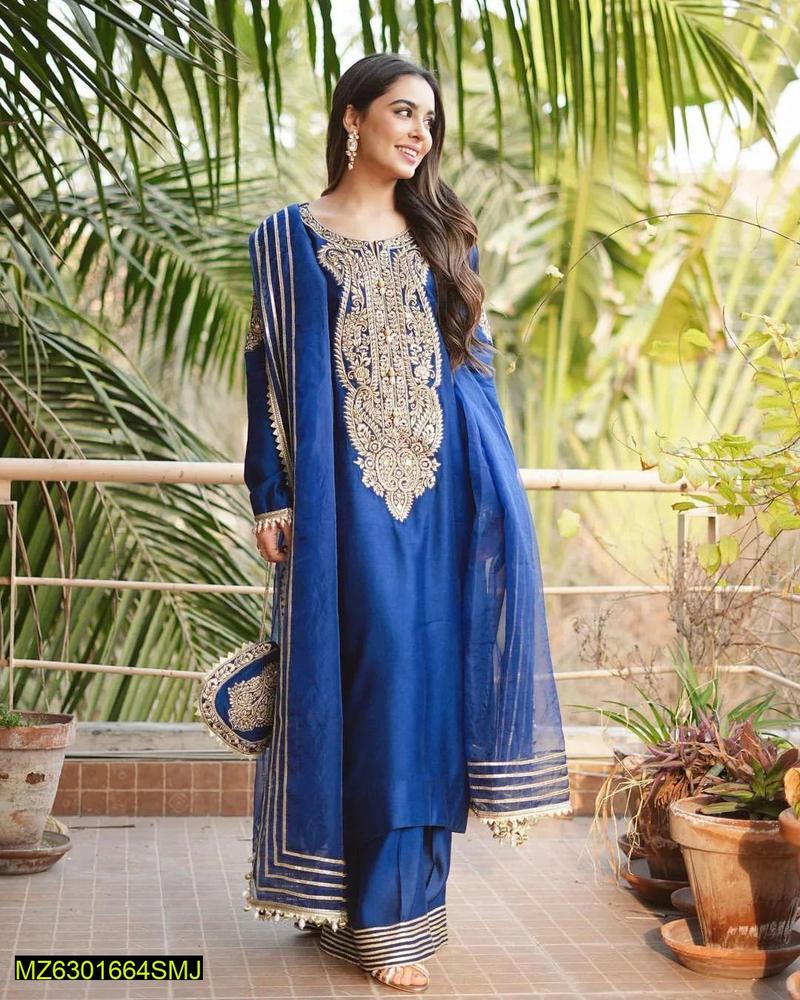 3 Pcs Women's Unstitched Fancy Katan Silk Embroidered suit