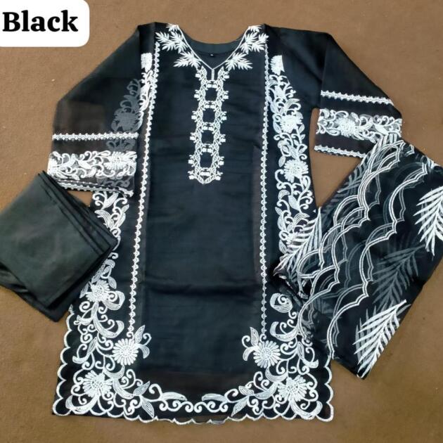 3 Pcs Women's Stitched Fancy Organza Embroidered Suit