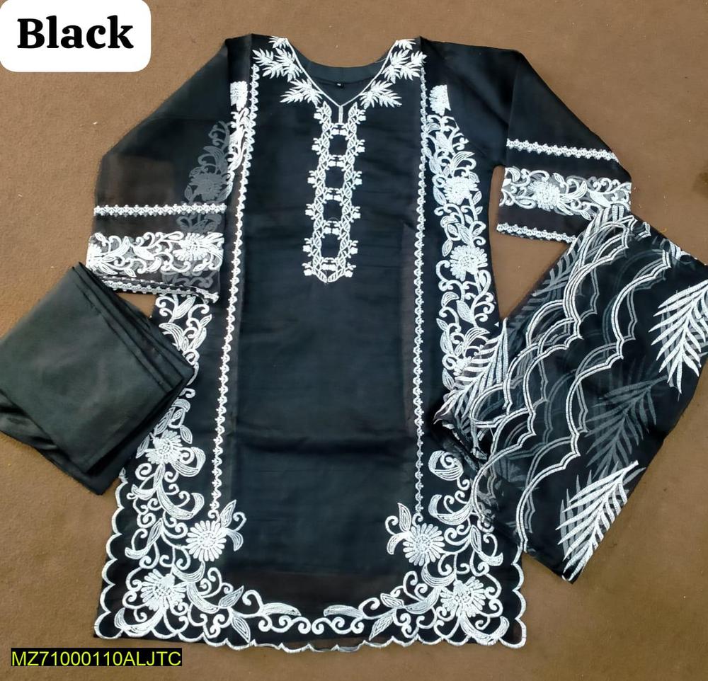 3 Pcs Women's Stitched Fancy Organza Embroidered Suit - Image 3