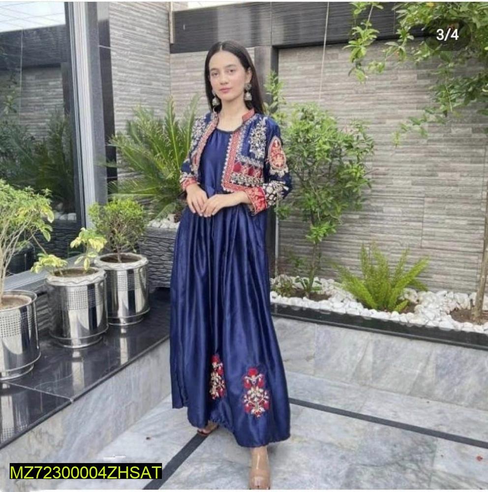 3 Pcs Women's Stitched Fancy Katan Silk Embroidered Maxi