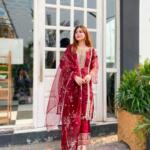 Exquisite Red Organza Embroidered Suit - 3 Pcs Ensemble