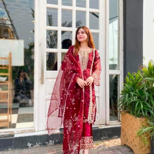 Exquisite Red Organza Embroidered Suit - 3 Pcs Ensemble