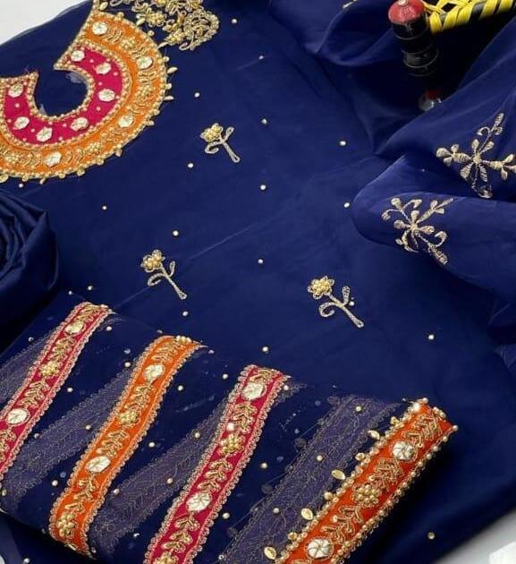 3 Pcs Women's Unstitched Fancy Organza Cut-work Embroidered Suit