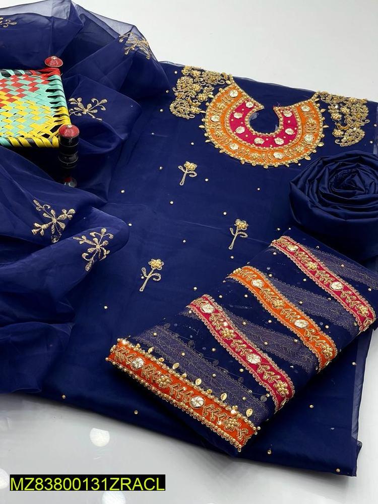 3 Pcs Women's Unstitched Fancy Organza Cut-work Embroidered Suit - Image 2